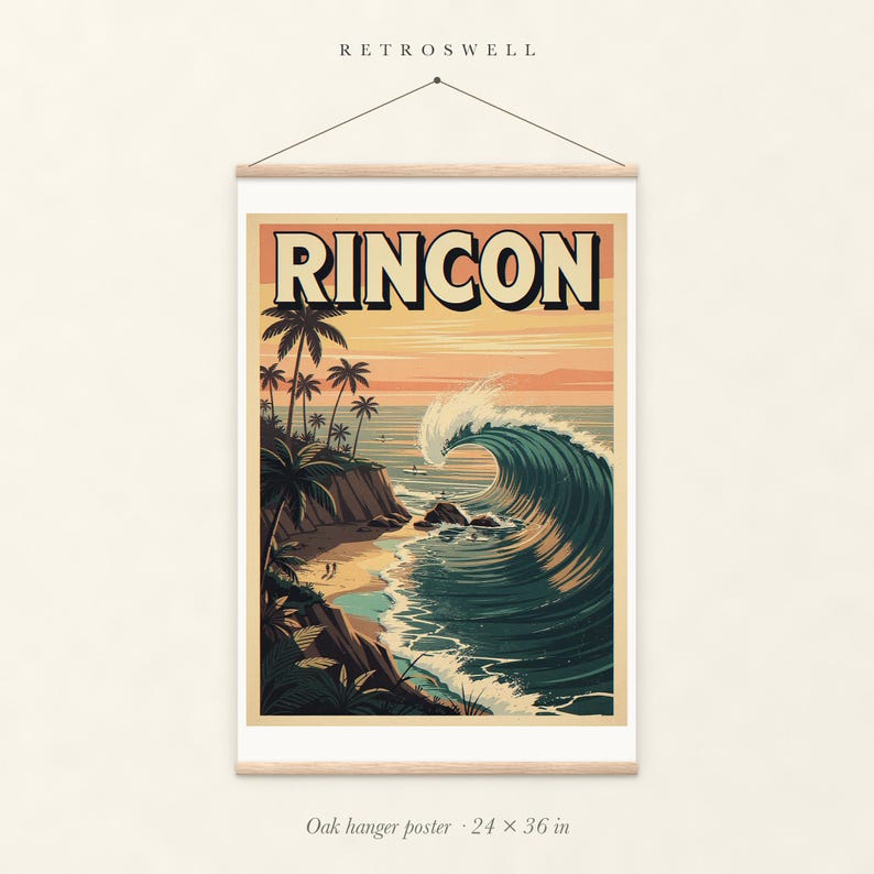Rincon Surf oak hanger poster, 24 by 36 inches, with natural wood rails and a hanging cord.