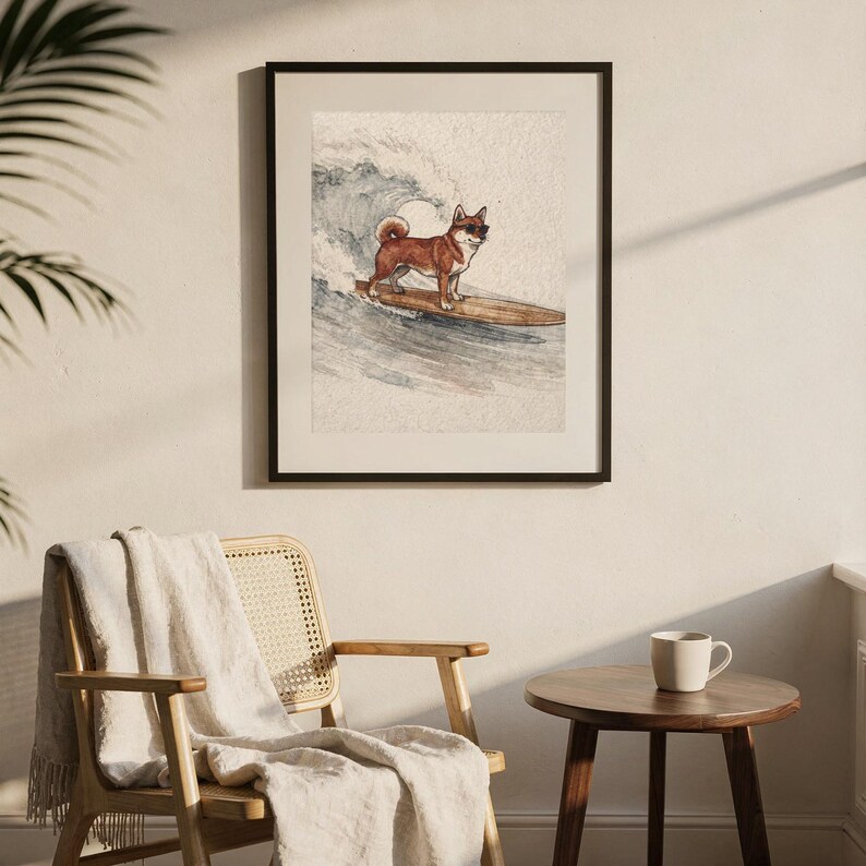 Shiba Inu Surfing Print | Watercolor Dog Wall Art | Coastal Beach Decor | Printable Instant Download | Shiba Gift image 5
