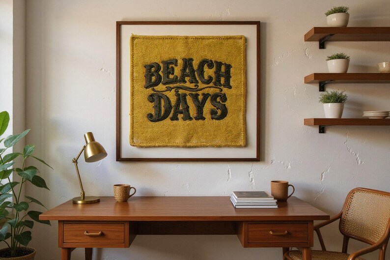 Beach Days Embroidered Patch Print framed in a home office setting