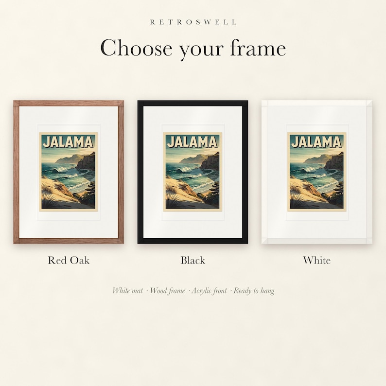Frame options for Jalama Beach Surf: Red Oak, black and white wood frames, each with a white mat.