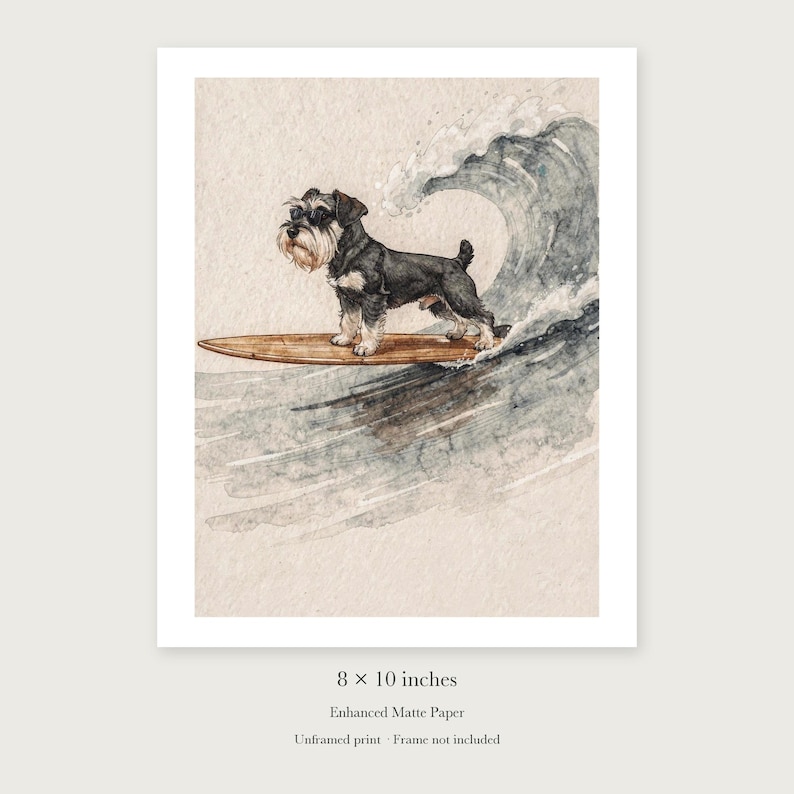 Miniature Schnauzer Surfing unframed 8 by 10 inch print on enhanced matte paper, shown with its white paper border.