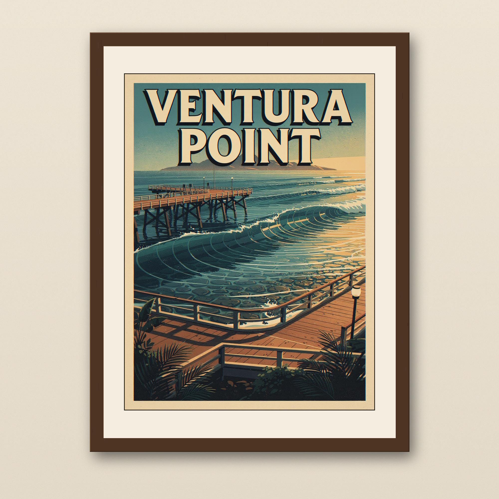 Ventura Point Surf Print - walnut framed art print with cream mat on plaster wall