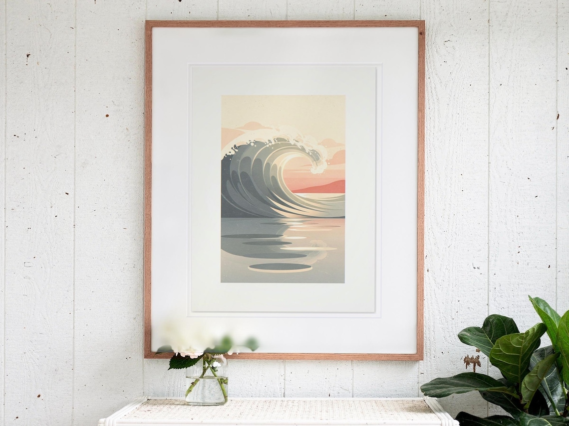 Pastel Curling Wave Nursery print in a Red Oak frame with a white mat, hanging above the console in a sunroom.
