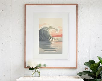 May include: A framed art print featuring a stylized illustration of a large ocean wave curling against a soft sunset sky. The color palette includes muted tones of gray, cream, and peach, with the wave reflecting on the calm water surface.
