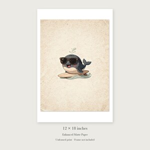 Whale Surfing unframed 12 by 18 inch print on enhanced matte paper, shown with its white paper border.
