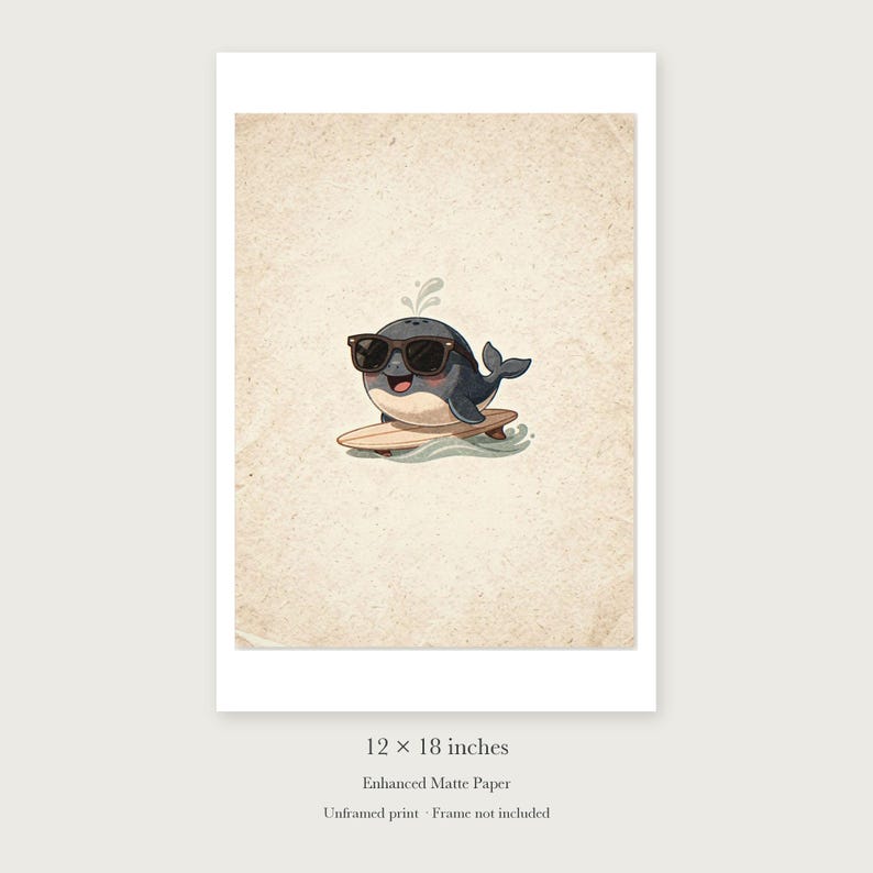 Whale Surfing unframed 12 by 18 inch print on enhanced matte paper, shown with its white paper border.