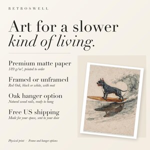 RetroSwell print details for Pit Bull Surfing: premium 189 g/m² matte paper, framed or unframed, oak hanger option, free US shipping.
