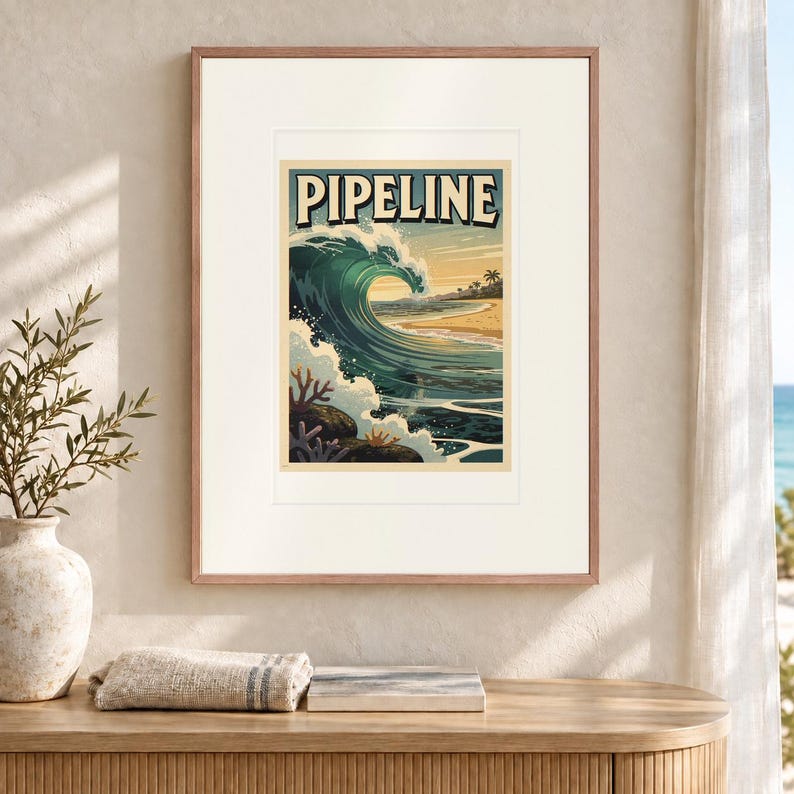 Pipeline Hawaii Surf Travel Poster, Framed or Unframed Vintage Style Coastal Print image 12