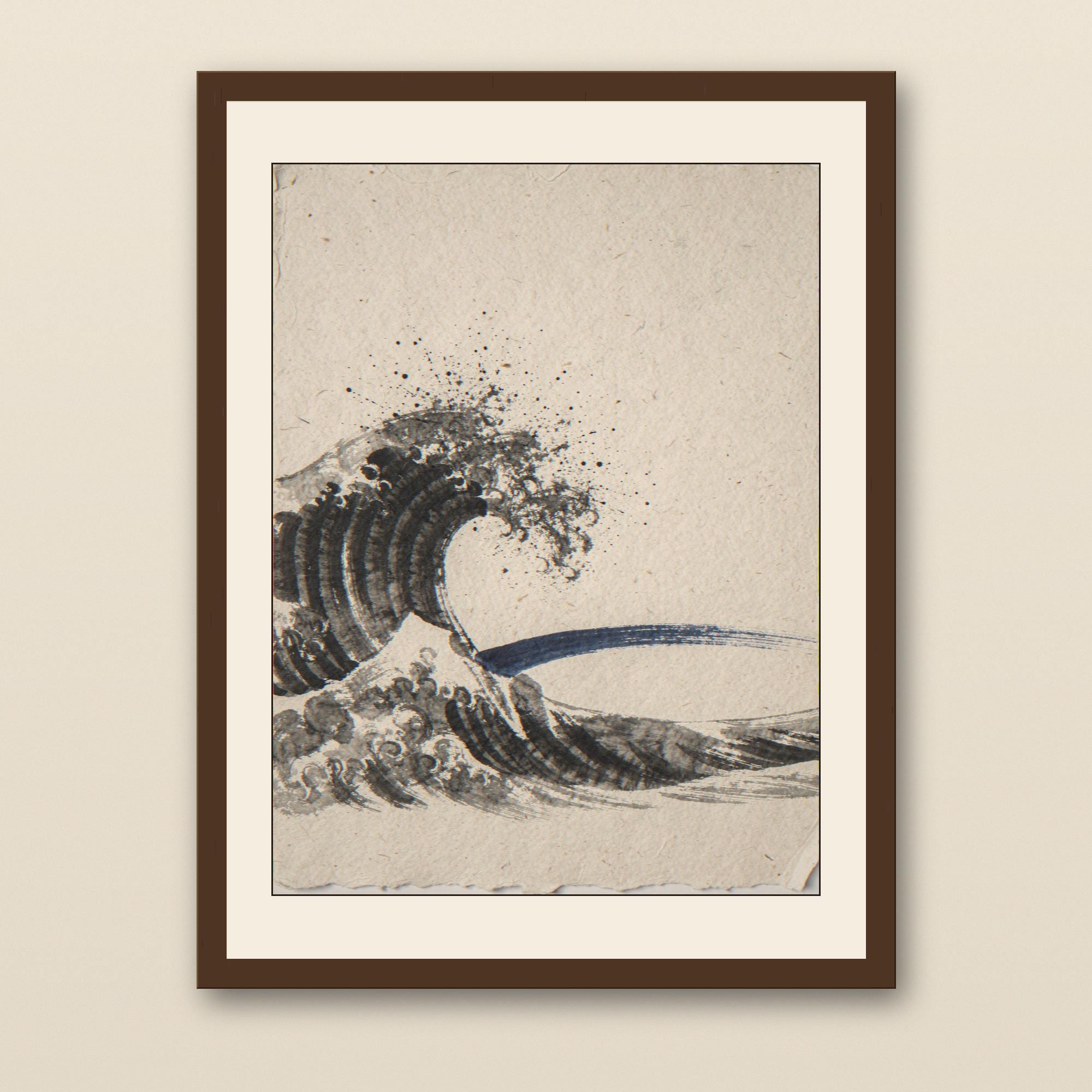 Sumi-e Crashing Wave with Indigo Accent Print - walnut framed art print with cream mat on plaster wall
