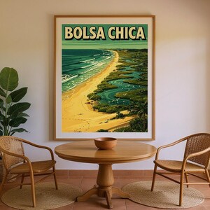 Bolsa Chica Surf Poster framed in a coastal dining room setting