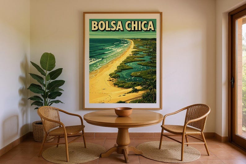 Bolsa Chica Surf Poster framed in a coastal dining room setting