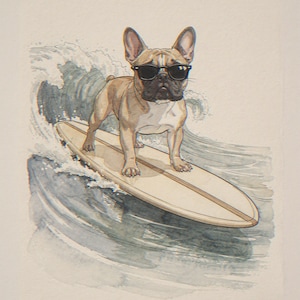 French Bulldog Surfing Art Print, Framed or Unframed Watercolor Style Dog Poster image 10
