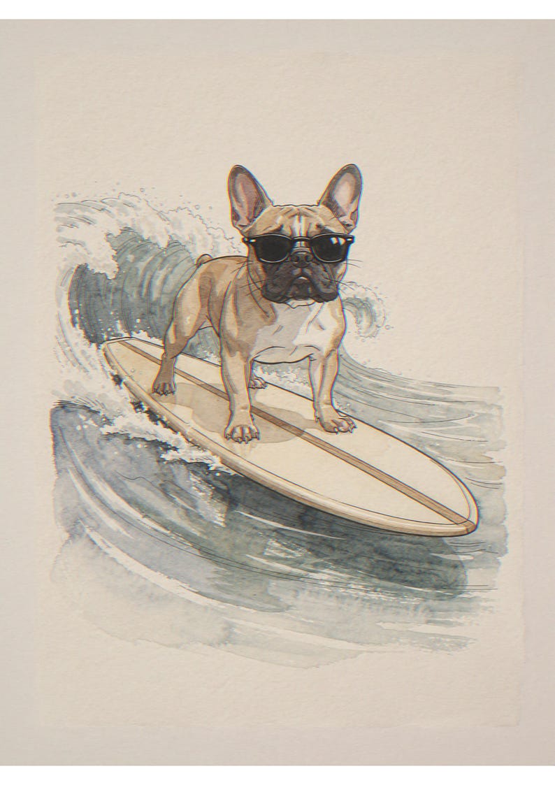 French Bulldog Surfing Art Print, Framed or Unframed Watercolor Style Dog Poster image 10
