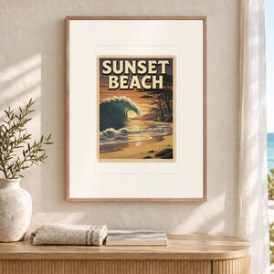 Sunset Beach Hawaii Surf Travel Poster, Framed or Unframed Vintage Style Coastal Print image 2