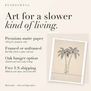RetroSwell print details for Palm Tree Line: premium 189 g/m² matte paper, framed or unframed, oak hanger option, free US shipping.