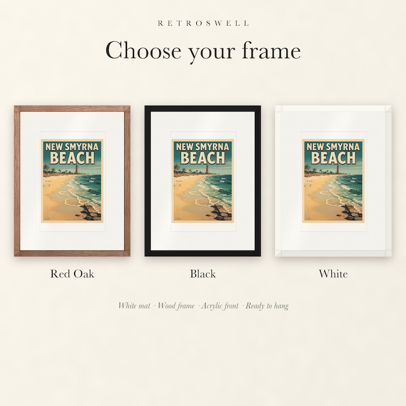 Frame options for New Smyrna Beach Surf: Red Oak, black and white wood frames, each with a white mat.
