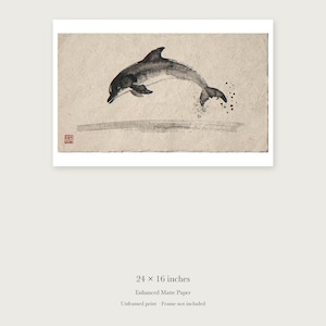 Leaping Dolphin Xieyi Ink unframed 24 by 16 inch print on enhanced matte paper, shown with its white paper border.