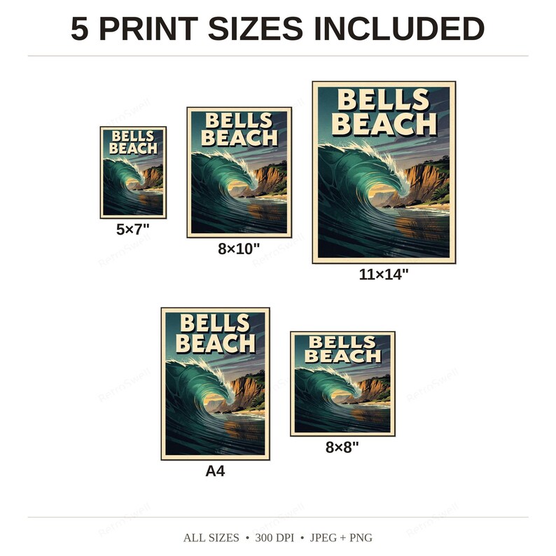 Bells Beach Australia Surf Poster - available print sizes: 5x7, 8x10, 11x14, A4, and square
