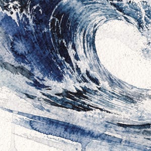 Watercolor Wave Painting Print, Prussian Blue Ocean Art, Coastal Wall Decor, Surf Art, Printable Wall Art Digital Download image 4
