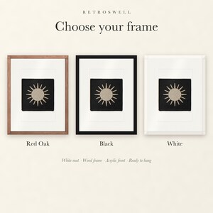 Frame options for Sun Patch: Red Oak, black and white wood frames, each with a white mat.