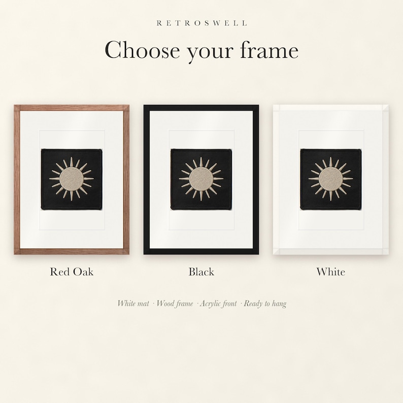 Frame options for Sun Patch: Red Oak, black and white wood frames, each with a white mat.
