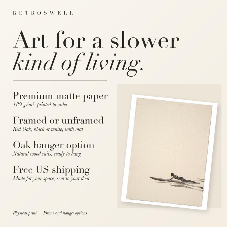 RetroSwell print details for Paddling Surfer Ink Style: premium 189 g/m² matte paper, framed or unframed, oak hanger option, free US shipping.