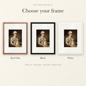 Frame options for James Madison Surfer: Red Oak, black and white wood frames, each with a white mat.
