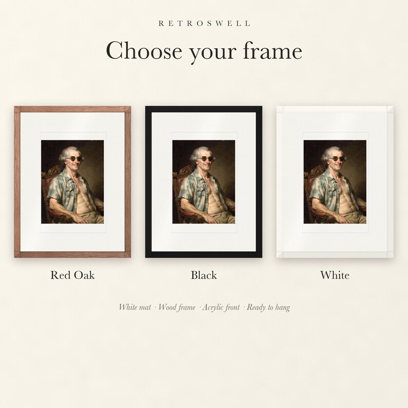 Frame options for James Madison Surfer: Red Oak, black and white wood frames, each with a white mat.
