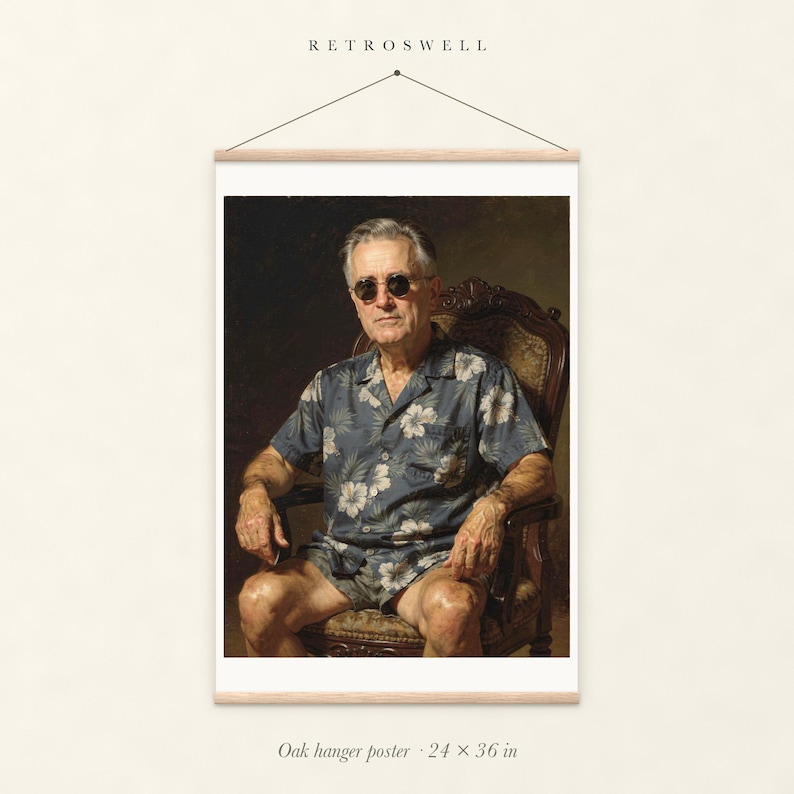 Franklin D. Roosevelt Surfer oak hanger poster, 24 by 36 inches, with natural wood rails and a hanging cord.