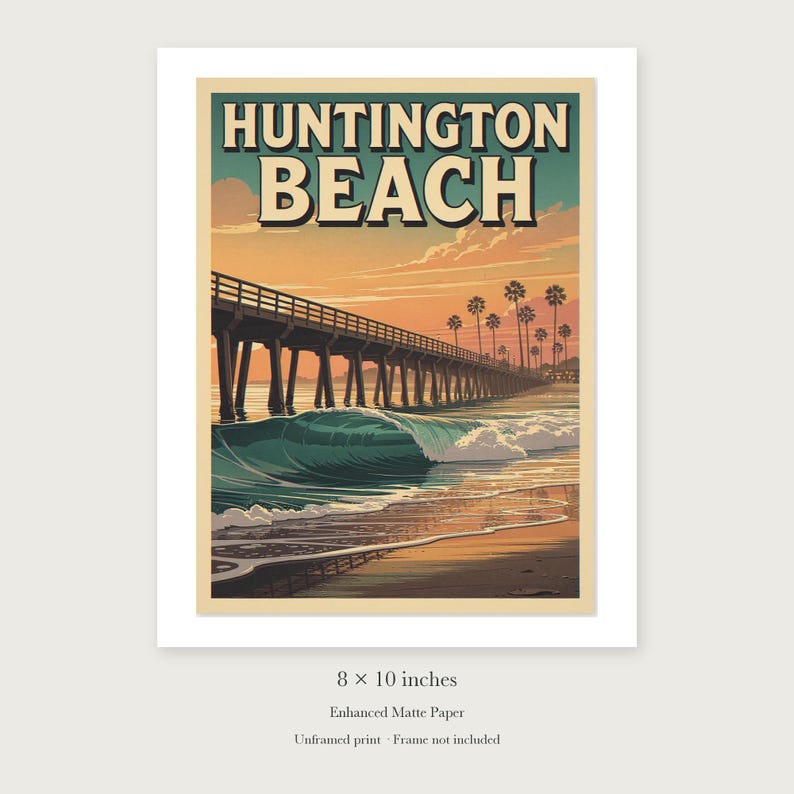 Huntington Beach Surf Travel Poster, Framed or Unframed Vintage Style Coastal Print image 7