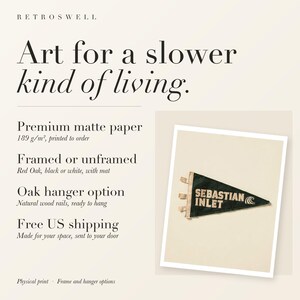 RetroSwell print details for Sebastian Inlet Surf Pennant: premium 189 g/m² matte paper, framed or unframed, oak hanger option, free US shipping.