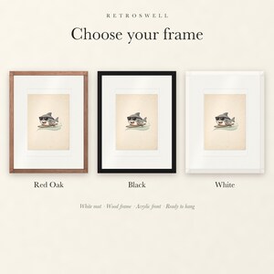 Frame options for Shark Surfing: Red Oak, black and white wood frames, each with a white mat.