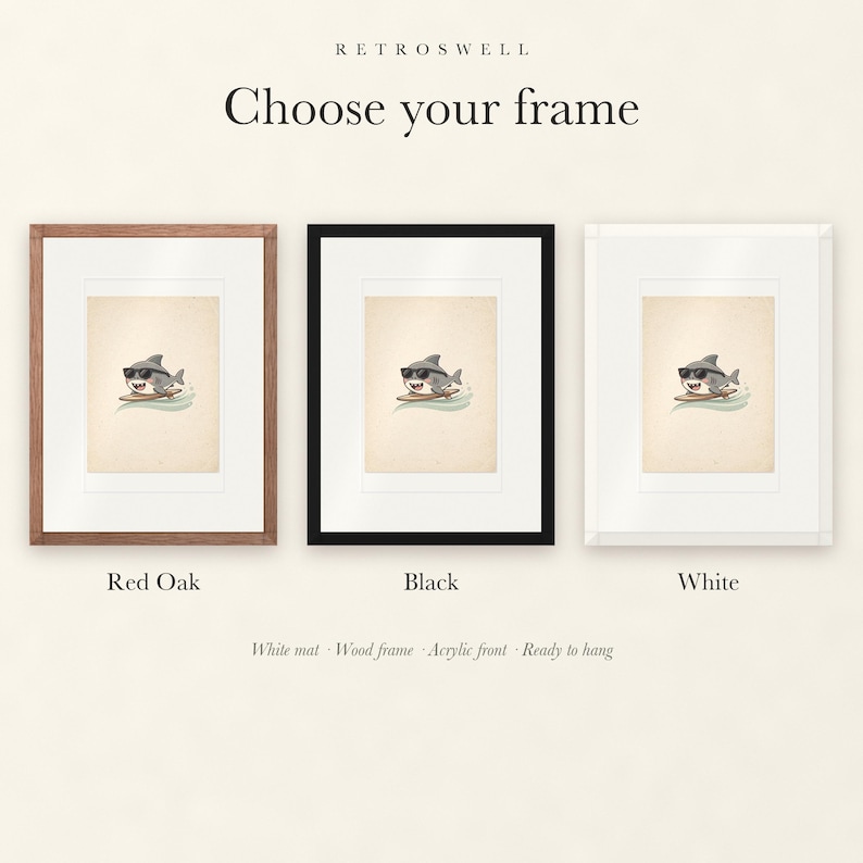 Frame options for Shark Surfing: Red Oak, black and white wood frames, each with a white mat.