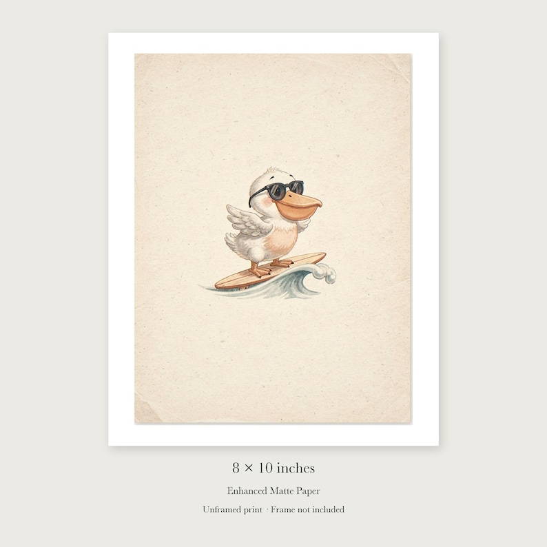Pelican Surfing unframed 8 by 10 inch print on enhanced matte paper, shown with its white paper border.