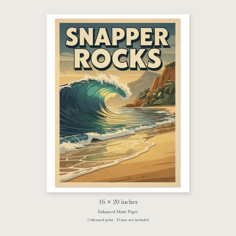Snapper Rocks Surf unframed 16 by 20 inch print on enhanced matte paper, shown with its white paper border.