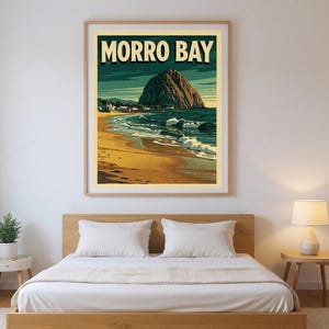 Morro Bay California Surf Poster framed in a modern bedroom setting