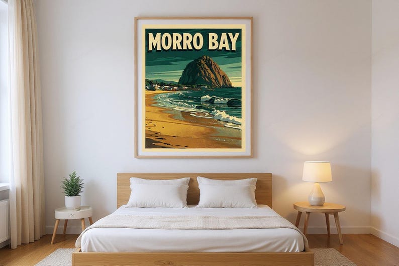 Morro Bay California Surf Poster framed in a modern bedroom setting