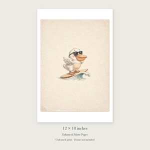 Pelican Surfing unframed 12 by 18 inch print on enhanced matte paper, shown with its white paper border.