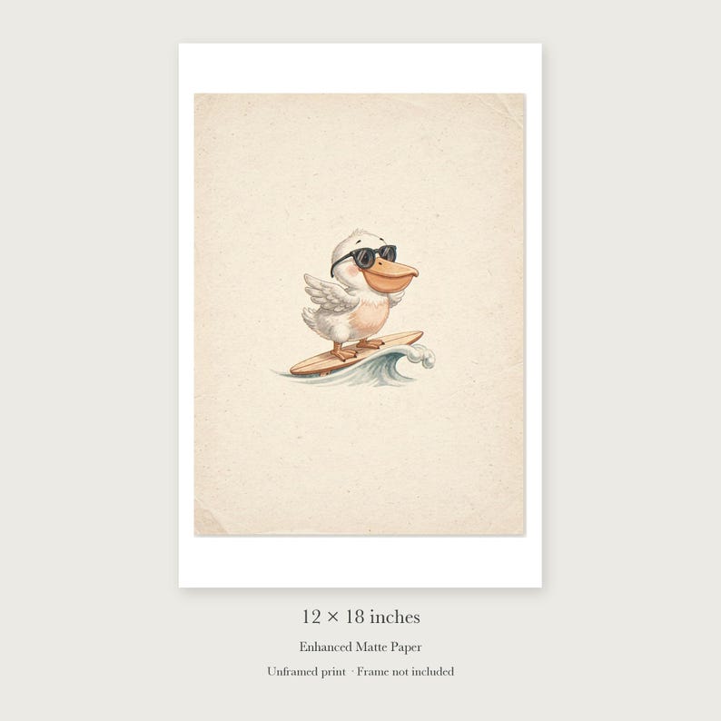 Pelican Surfing unframed 12 by 18 inch print on enhanced matte paper, shown with its white paper border.