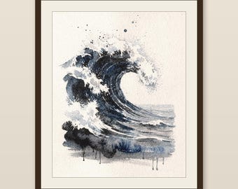 Storm Wave Watercolor Print, Dark Indigo Ocean Art, Moody Coastal Wall Decor, Large Seascape Painting, Printable Wall Art Digital Download