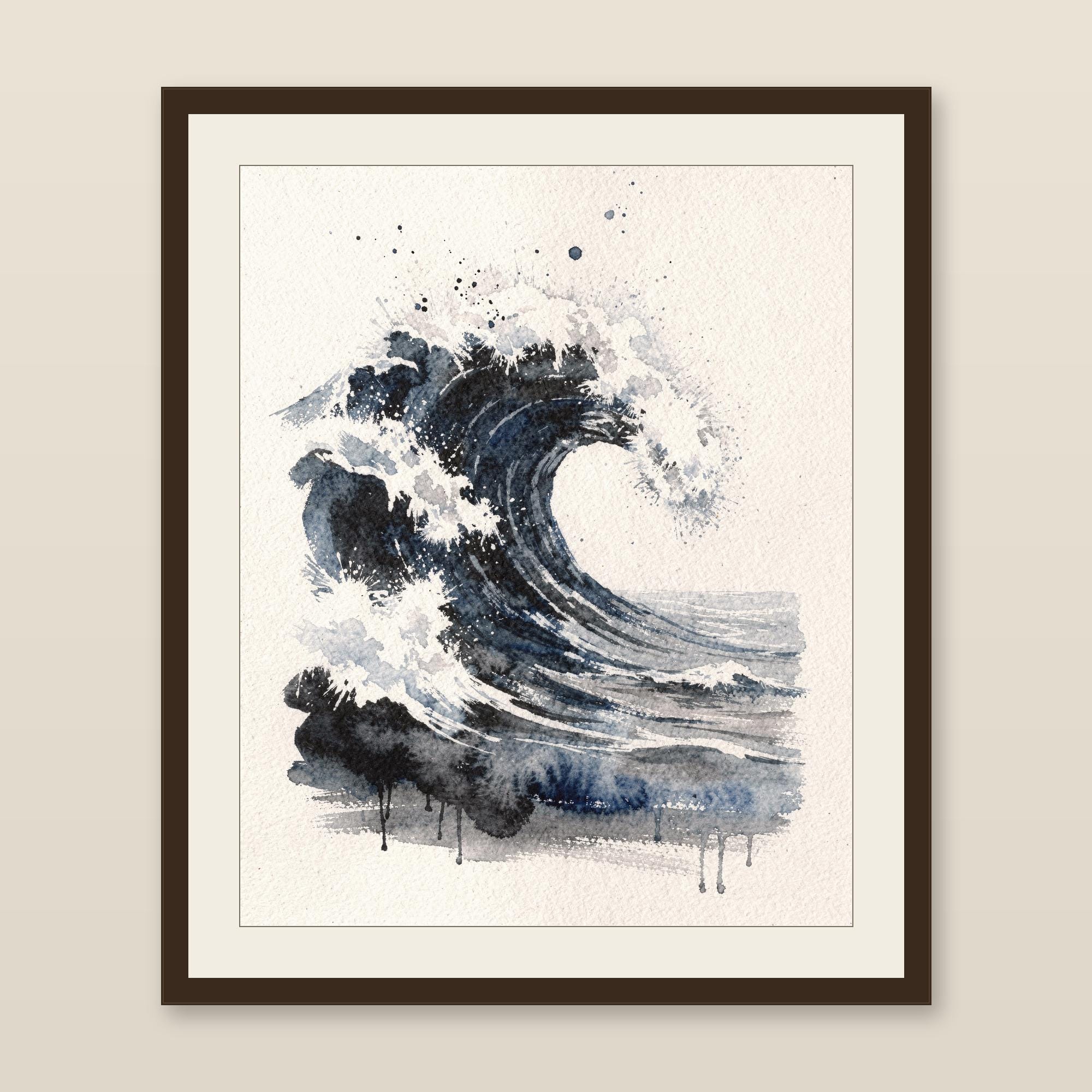 Storm Wave Watercolor Print, Dark Indigo Ocean Art, Moody Coastal Wall Decor, Large Seascape Painting, Printable Wall Art Digital Download