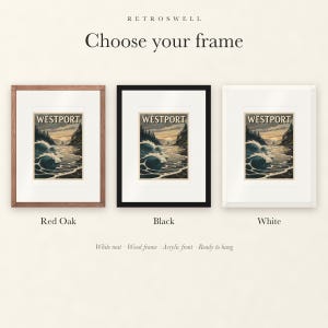 Frame options for Westport Surf: Red Oak, black and white wood frames, each with a white mat.