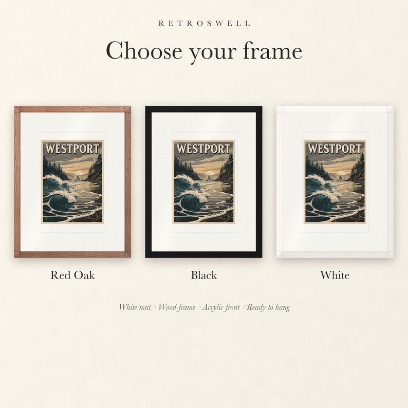 Frame options for Westport Surf: Red Oak, black and white wood frames, each with a white mat.
