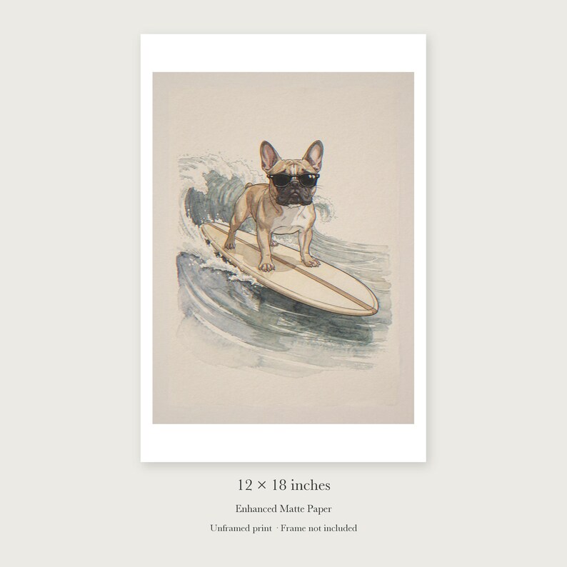 French Bulldog Surfing Art Print, Framed or Unframed Watercolor Style Dog Poster image 8