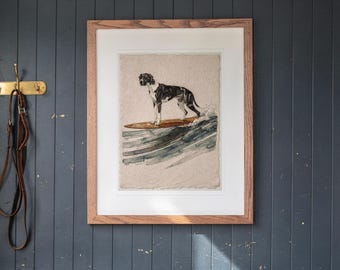 Lámina artística de un gran danés surfeando / Arte mural de perro en acuarela (descarga digital)