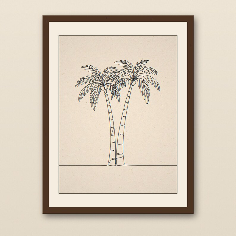 Boho Palm Tree Line Art - walnut framed art print with cream mat on plaster wall