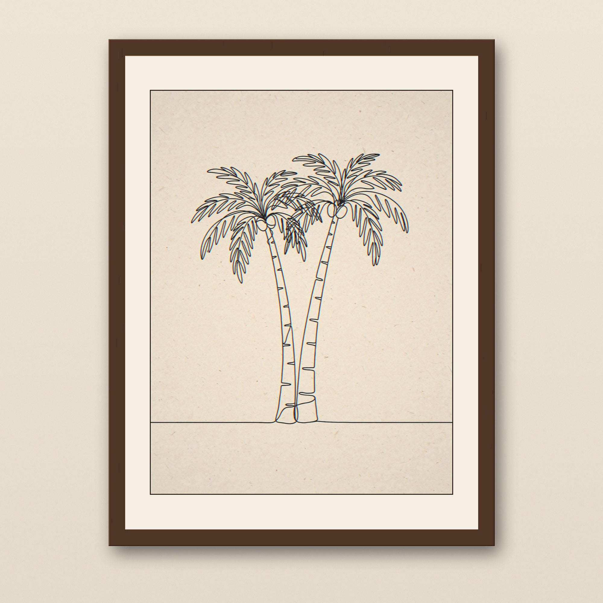 Boho Palm Tree Line Art - walnut framed art print with cream mat on plaster wall
