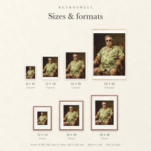 Sizes and formats for William Howard Taft Surfer, shown to scale: unframed prints, oak hanger and framed prints.