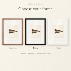 Frame options for Daytona Beach, Florida Surf Pennant: Red Oak, black and white wood frames, each with a white mat.