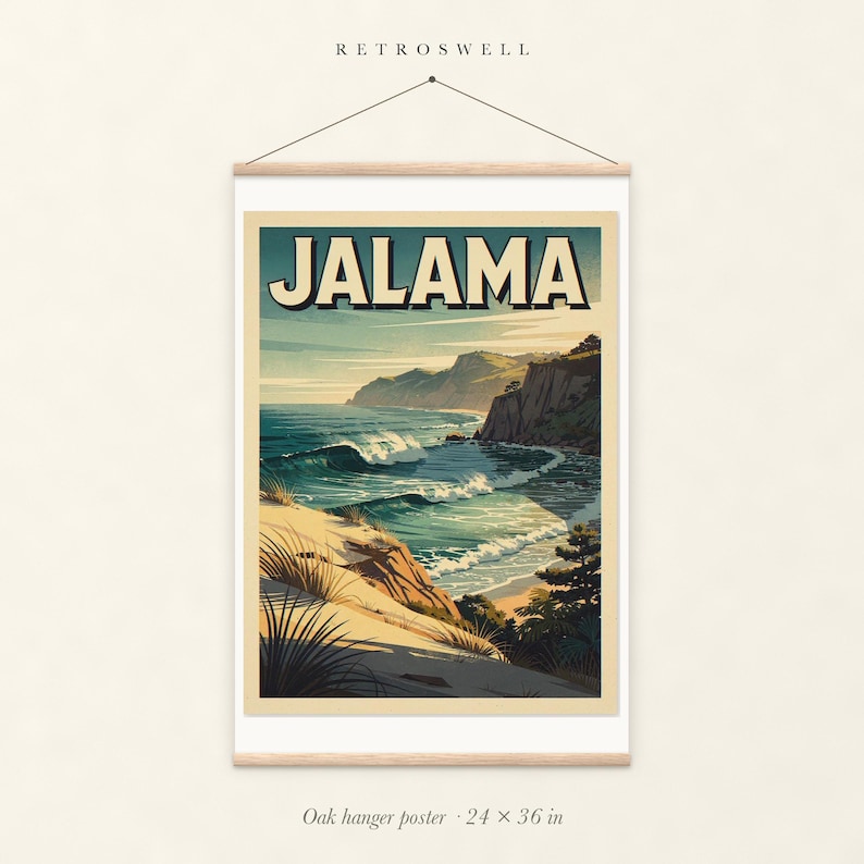 Jalama Beach Surf oak hanger poster, 24 by 36 inches, with natural wood rails and a hanging cord.